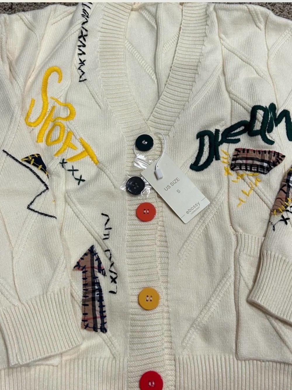 Boss Cream V-Neck Cardigan with Multi-Colored Buttons & Embroidery